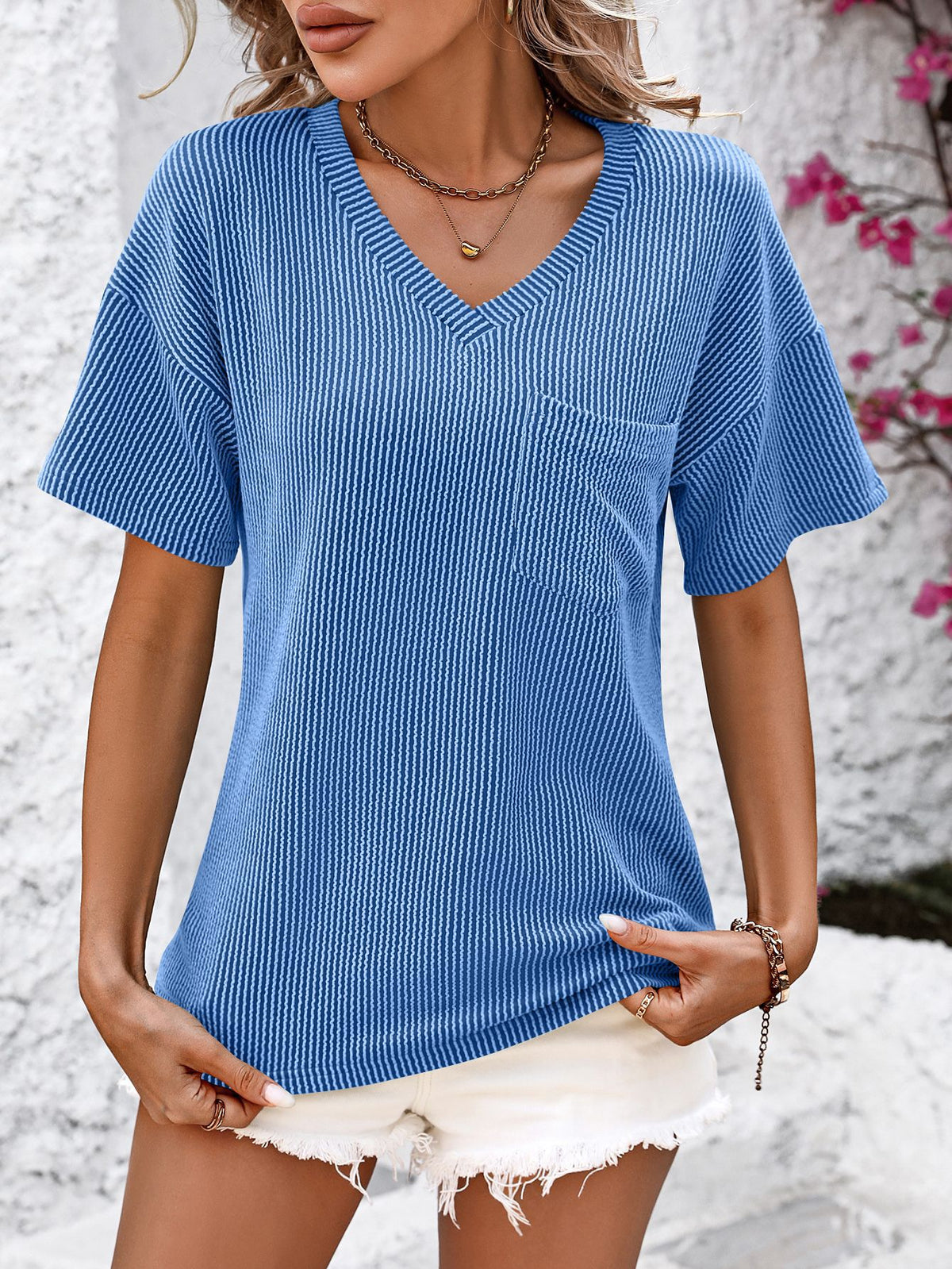 Drop Shoulder Rib Knit Pocket Tee - Blue - 1