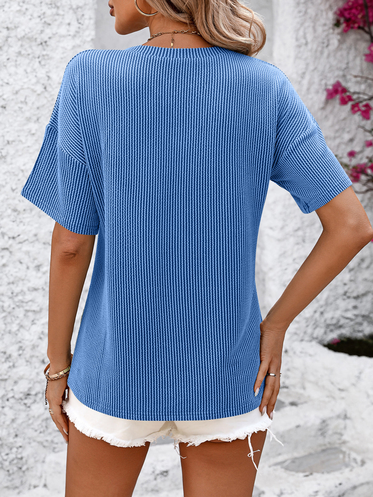 Drop Shoulder Rib Knit Pocket Tee - Blue - 2