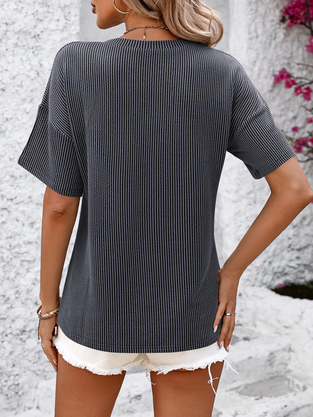 Drop Shoulder Rib Knit Pocket Tee - Darkgrey - 1