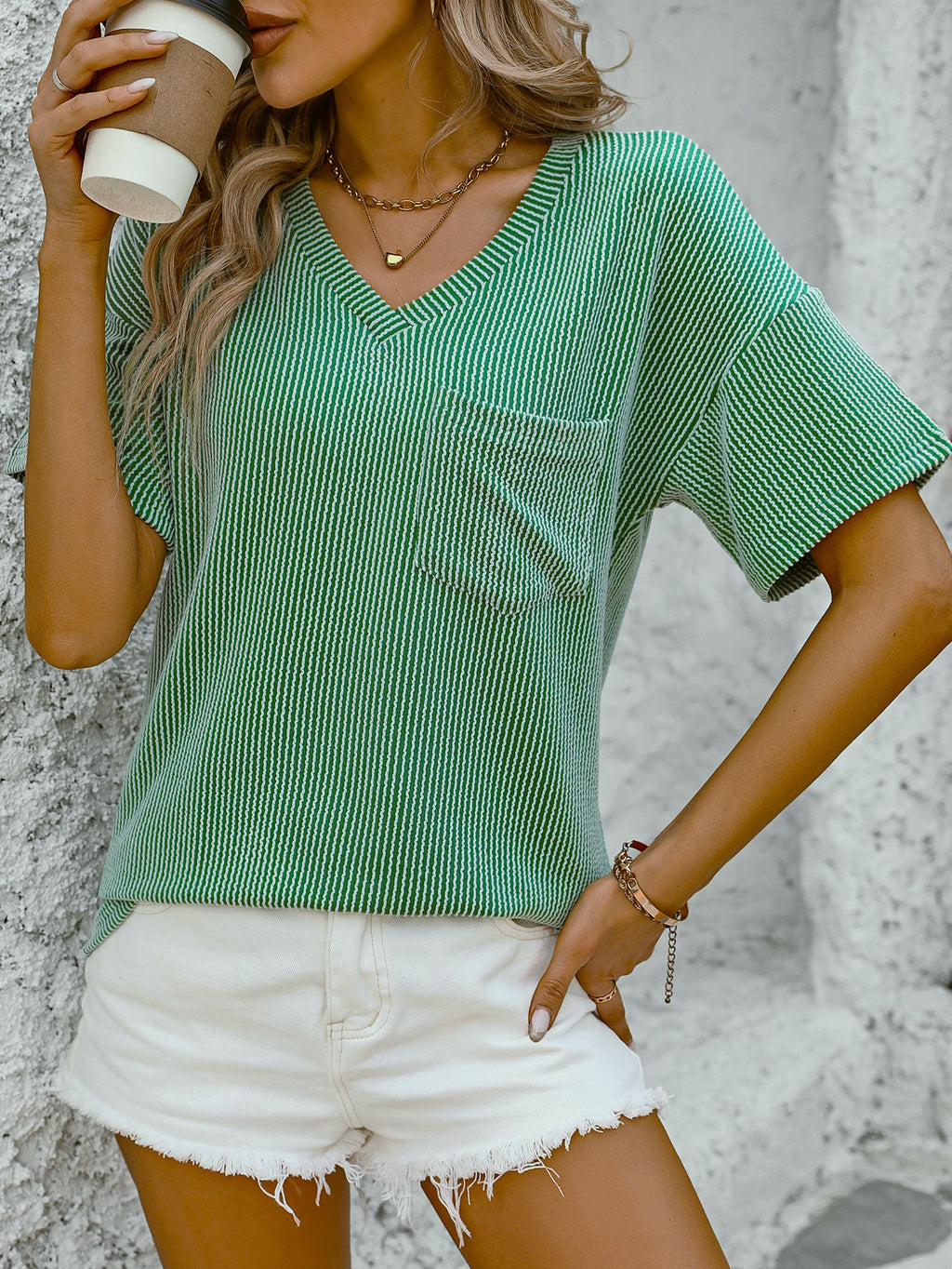 Drop Shoulder Rib Knit Pocket Tee - Green - 2