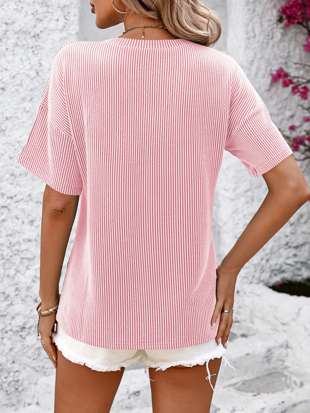 Drop Shoulder Rib Knit Pocket Tee - Pink - 1