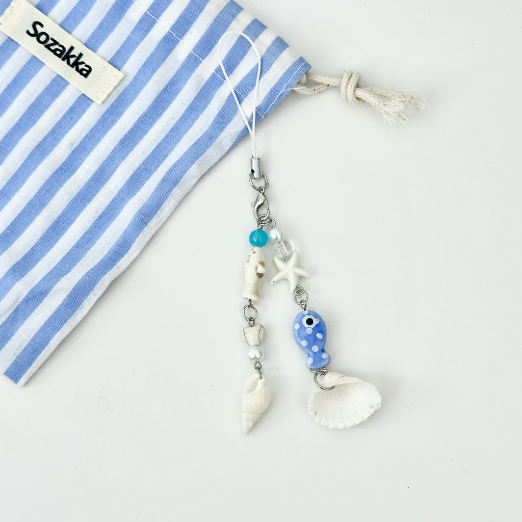 Evil Eye Fish Seashell Charm Keychain - White-1