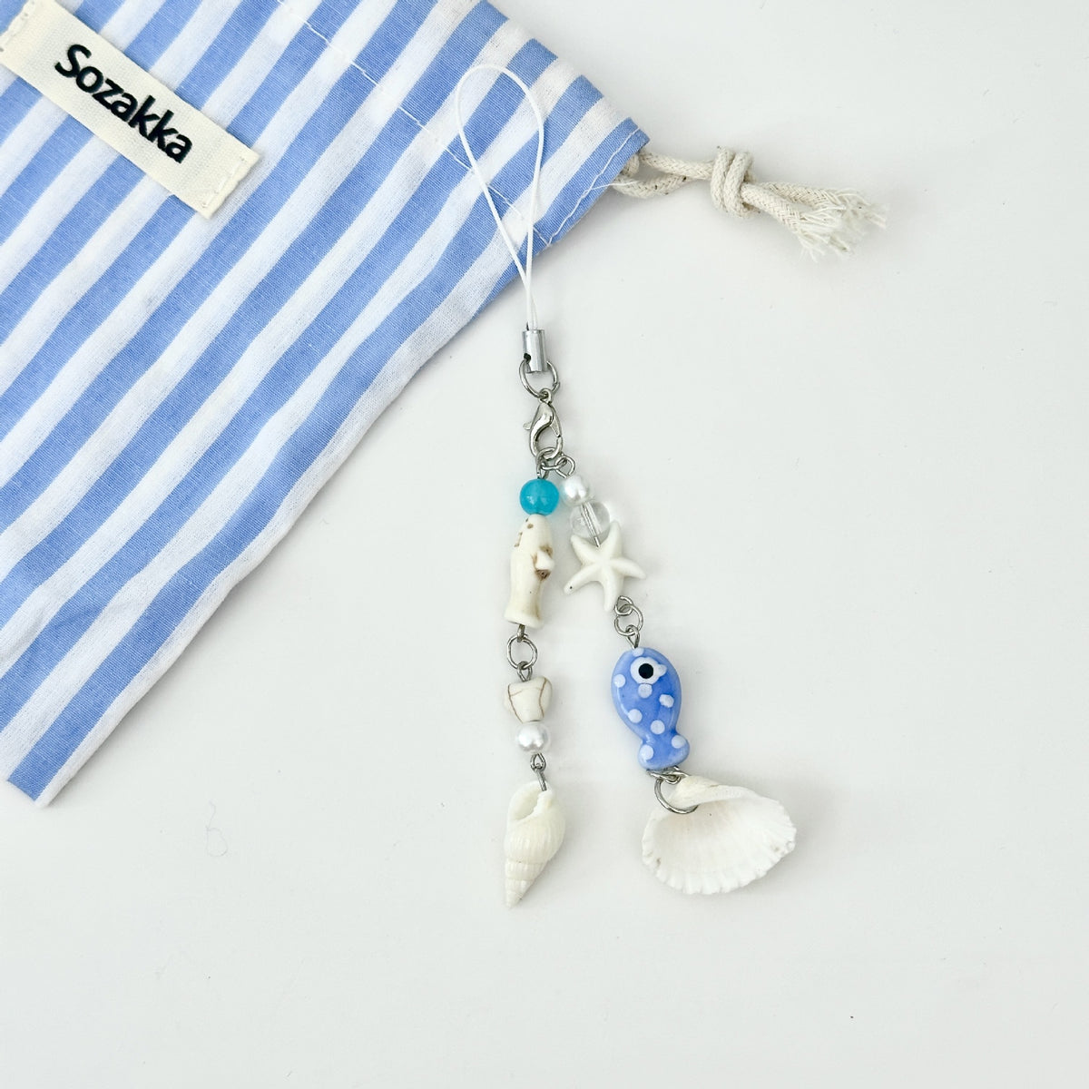 Evil Eye Fish Seashell Charm Keychain - White-1