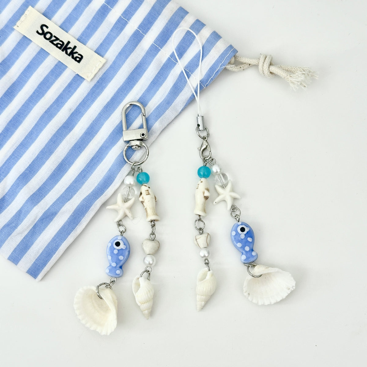 Evil Eye Fish Seashell Charm Keychain - White-2 - 1