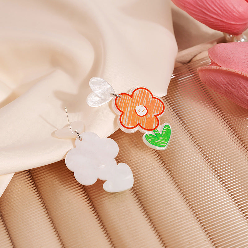 Hand Painted Blossom Charm Drop Earrings - Orange - 1