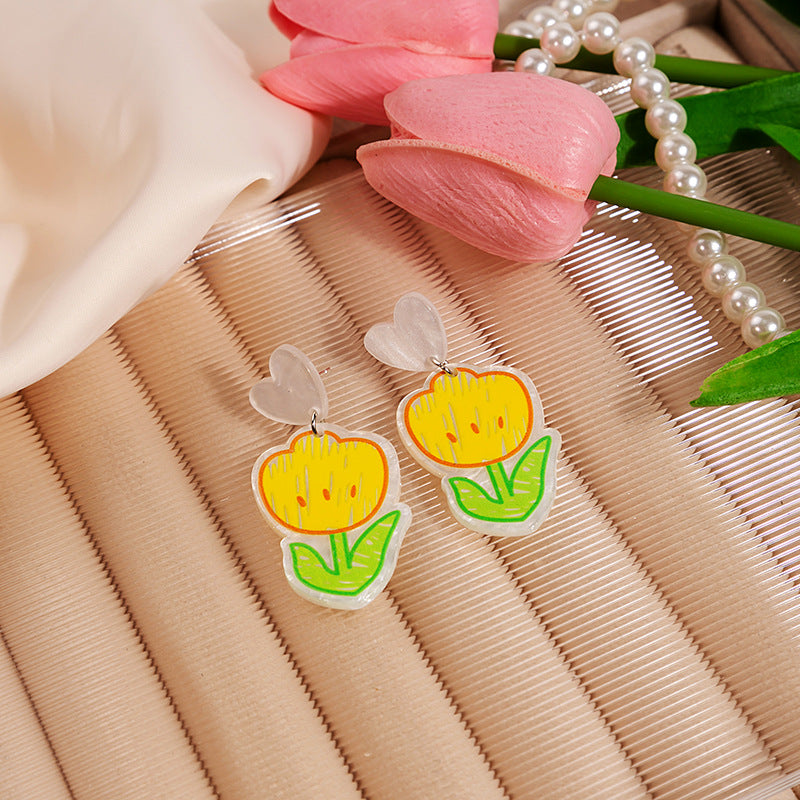 Hand Painted Blossom Charm Drop Earrings - Tulip