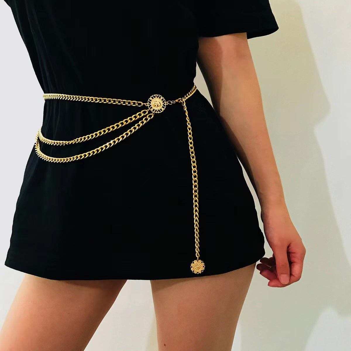 Three-Strand Curb Link Medallion Waist Body Chain - Gold