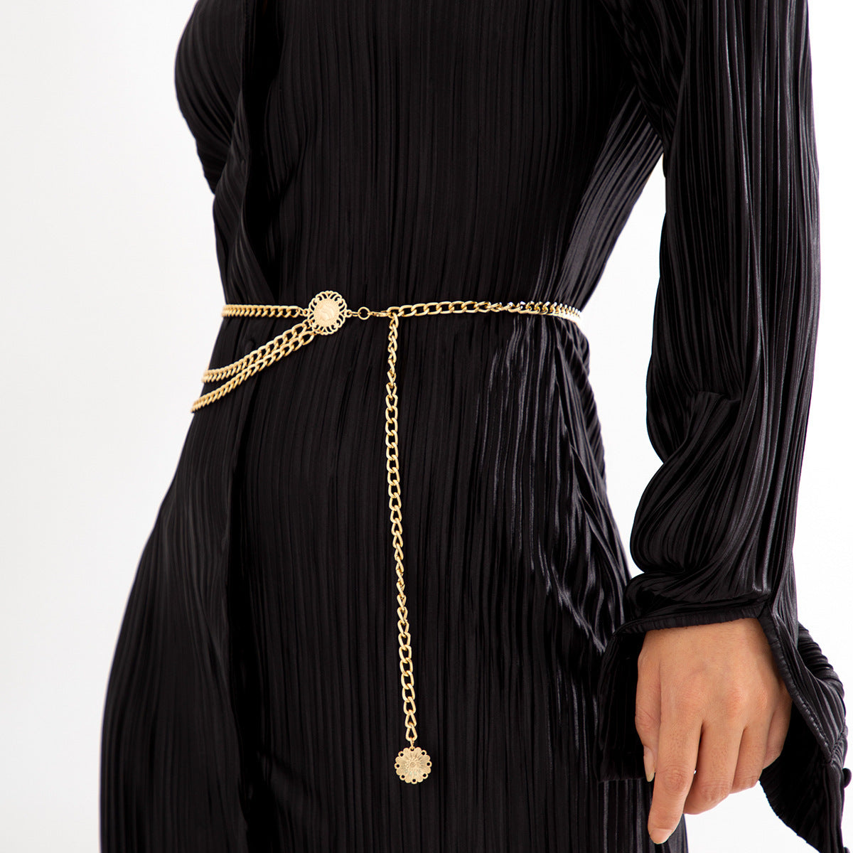 Three-Strand Curb Link Medallion Waist Body Chain - Gold - 3