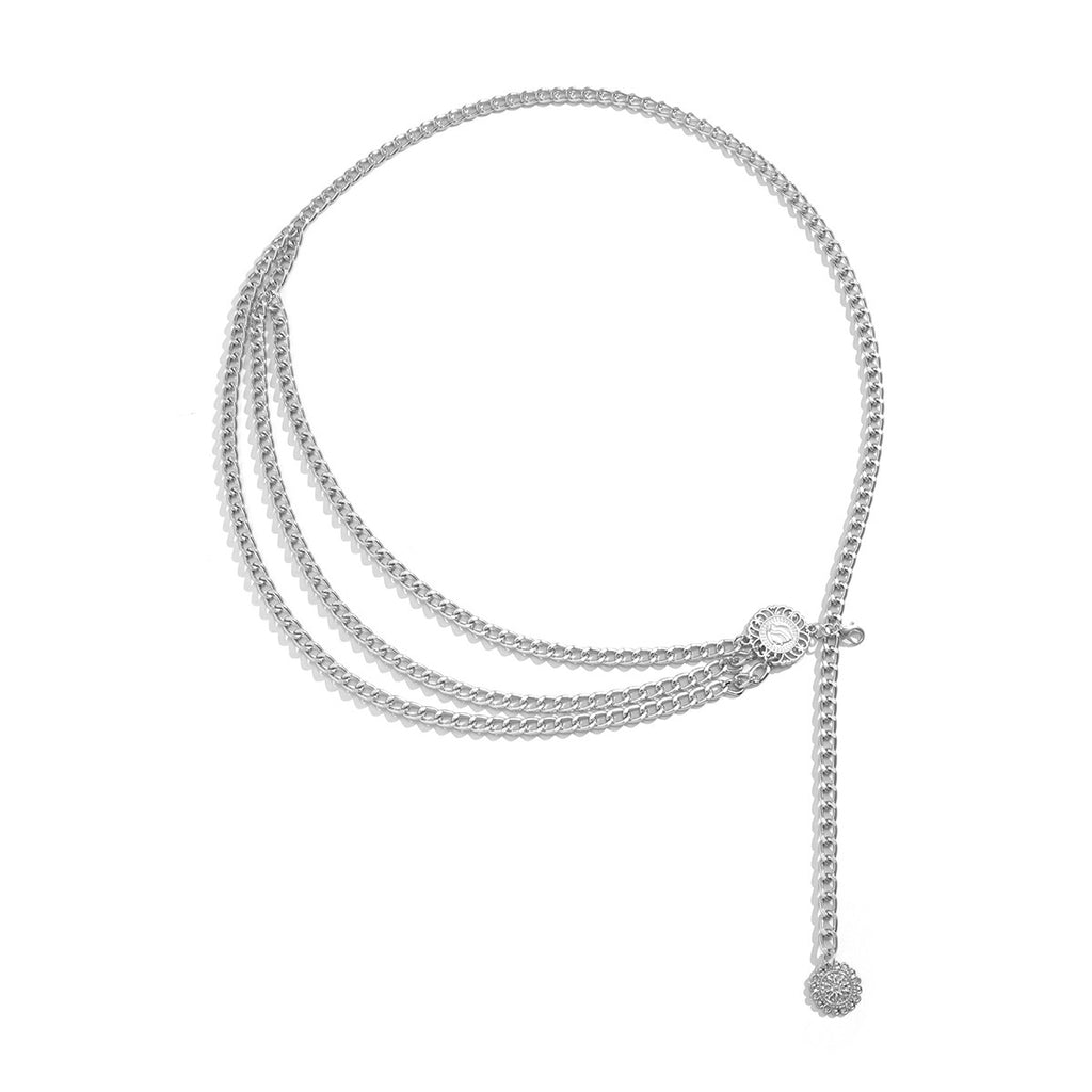 Three-Strand Curb Link Medallion Waist Body Chain - Silver