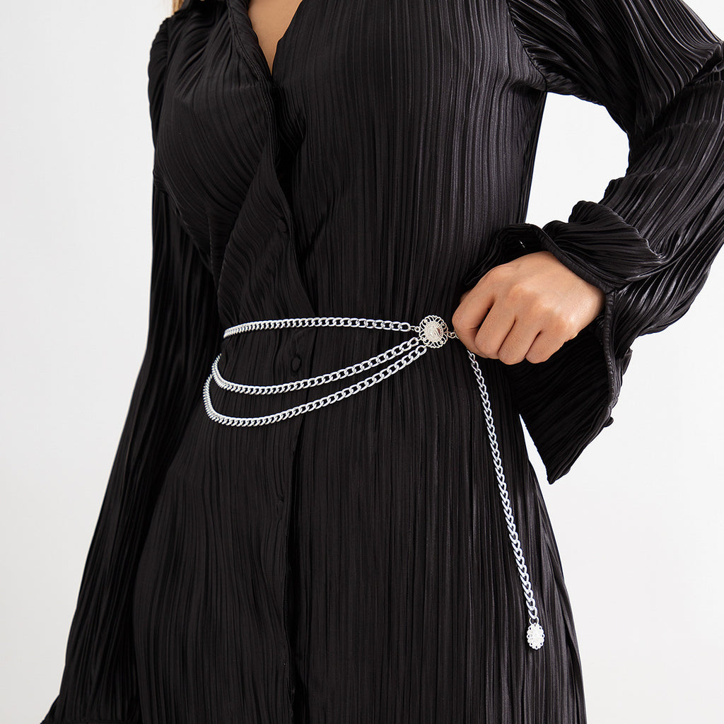 Three-Strand Curb Link Medallion Waist Body Chain - Silver - 2