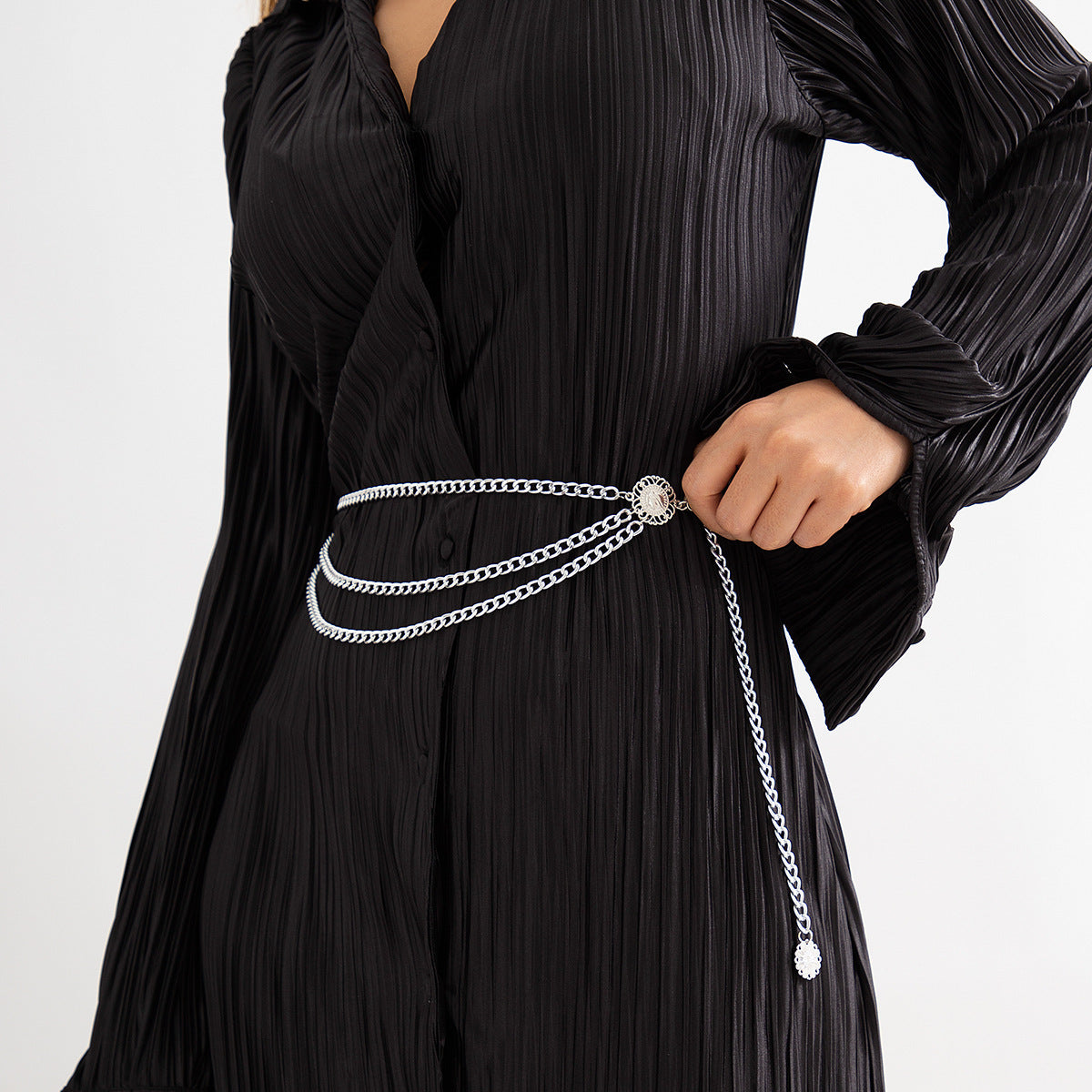 Three-Strand Curb Link Medallion Waist Body Chain - Silver - 2