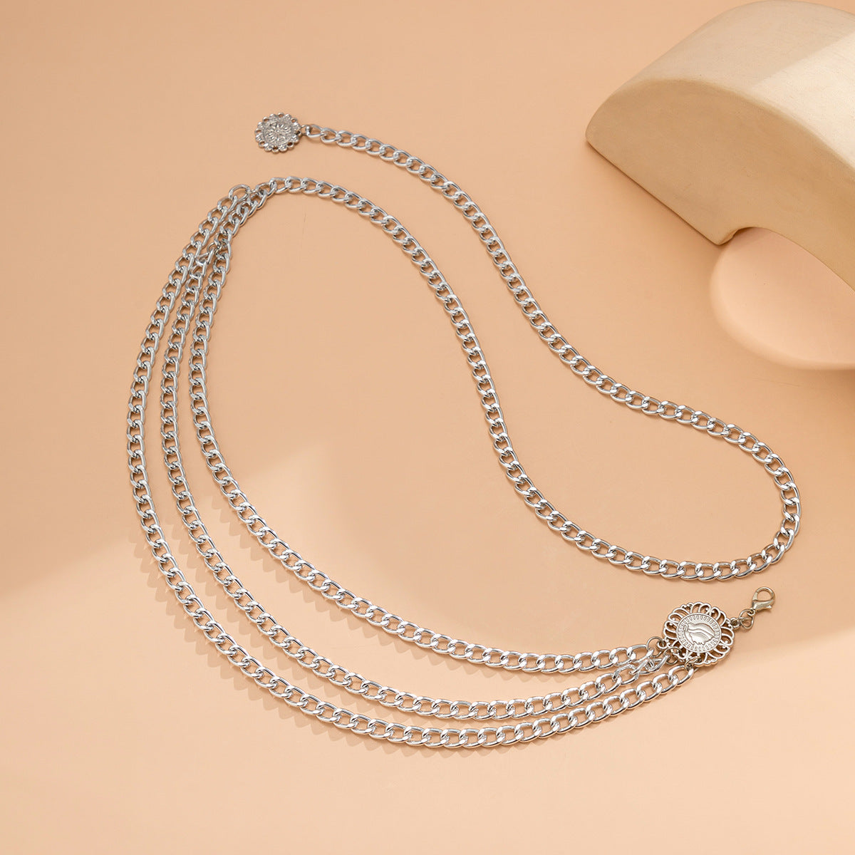 Three-Strand Curb Link Medallion Waist Body Chain - Silver - 3
