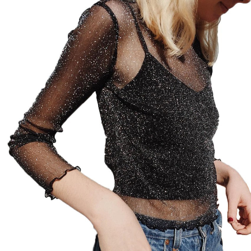 Sparkle Mesh Ruffle Trim Sheer Top - black - 2