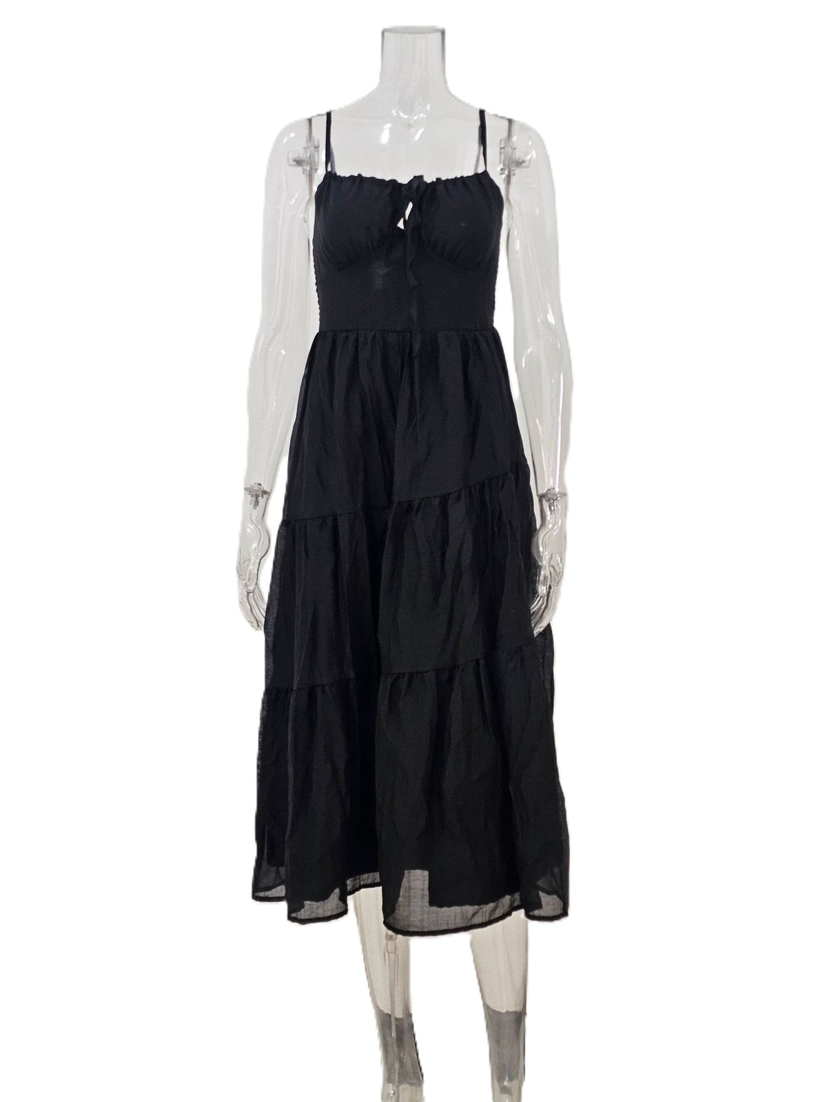 Tiered Midi Sundress With Adjustable Straps - Black