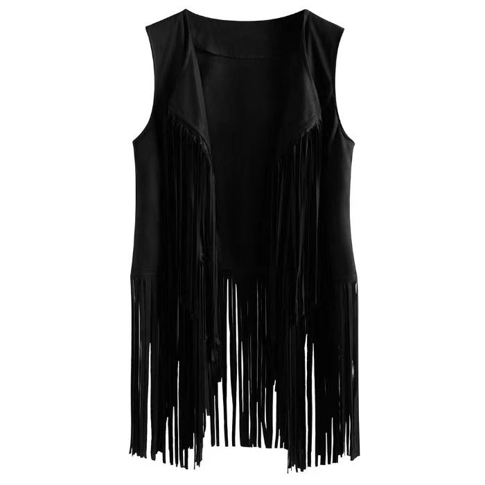 Western Fringe Suede Sleeveless Vest Jacket - Black