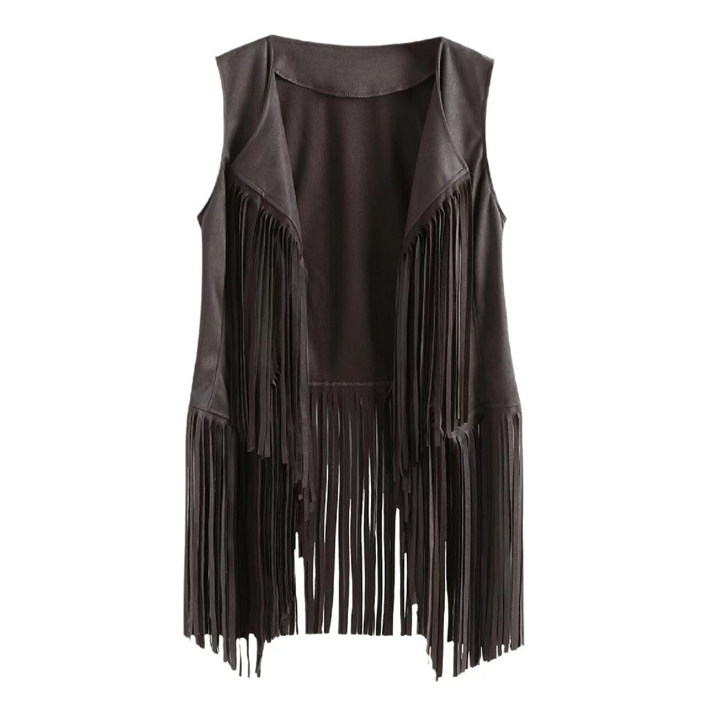 Western Fringe Suede Sleeveless Vest Jacket - Gray