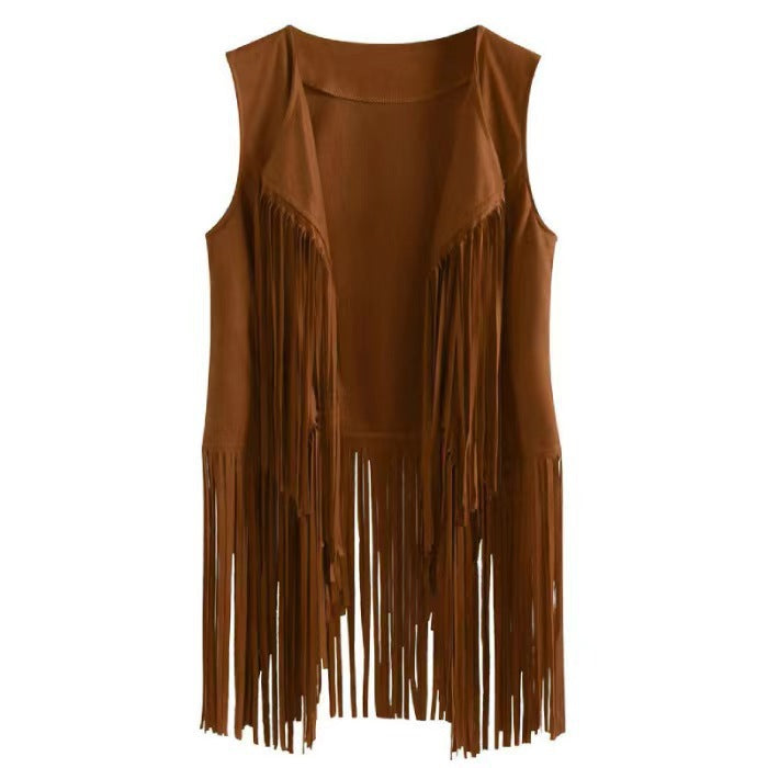 Western Fringe Suede Sleeveless Vest Jacket - Khaki
