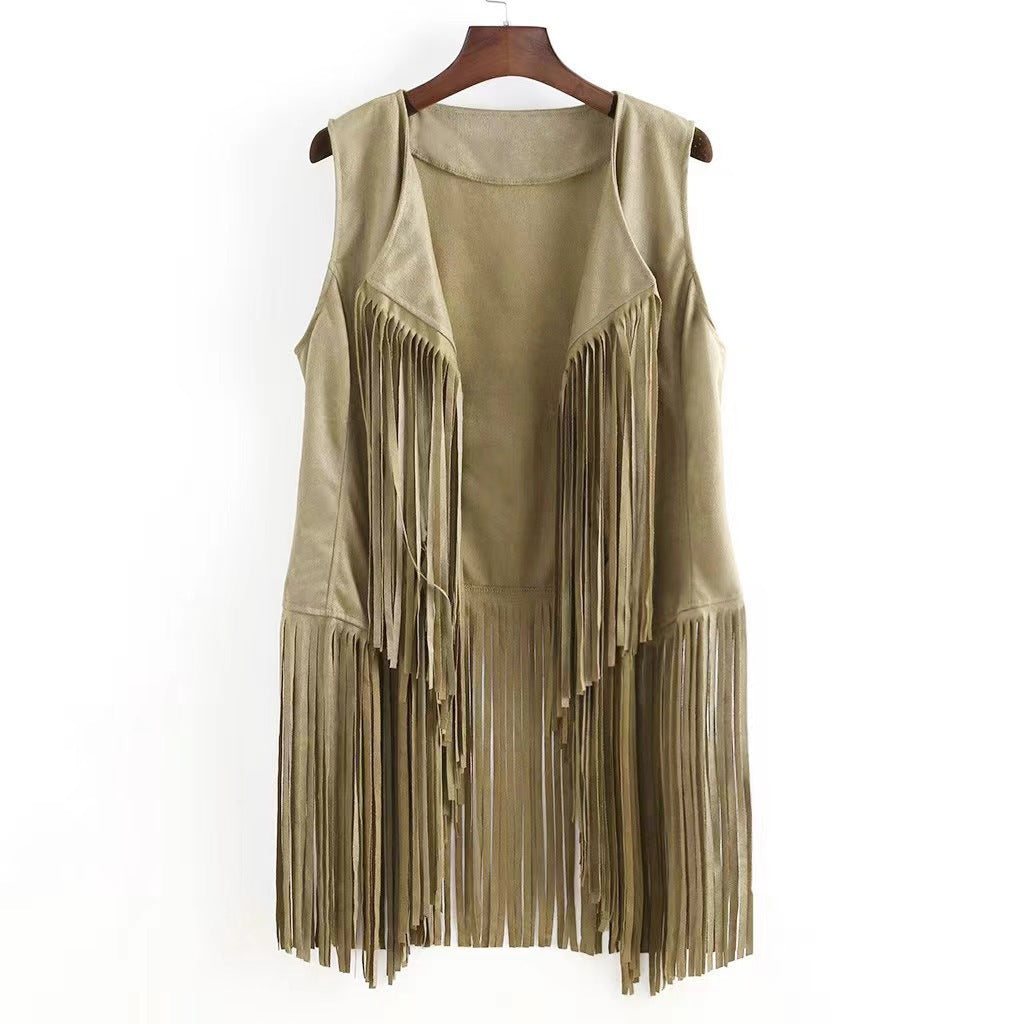 Western Fringe Suede Sleeveless Vest Jacket - OffWhite