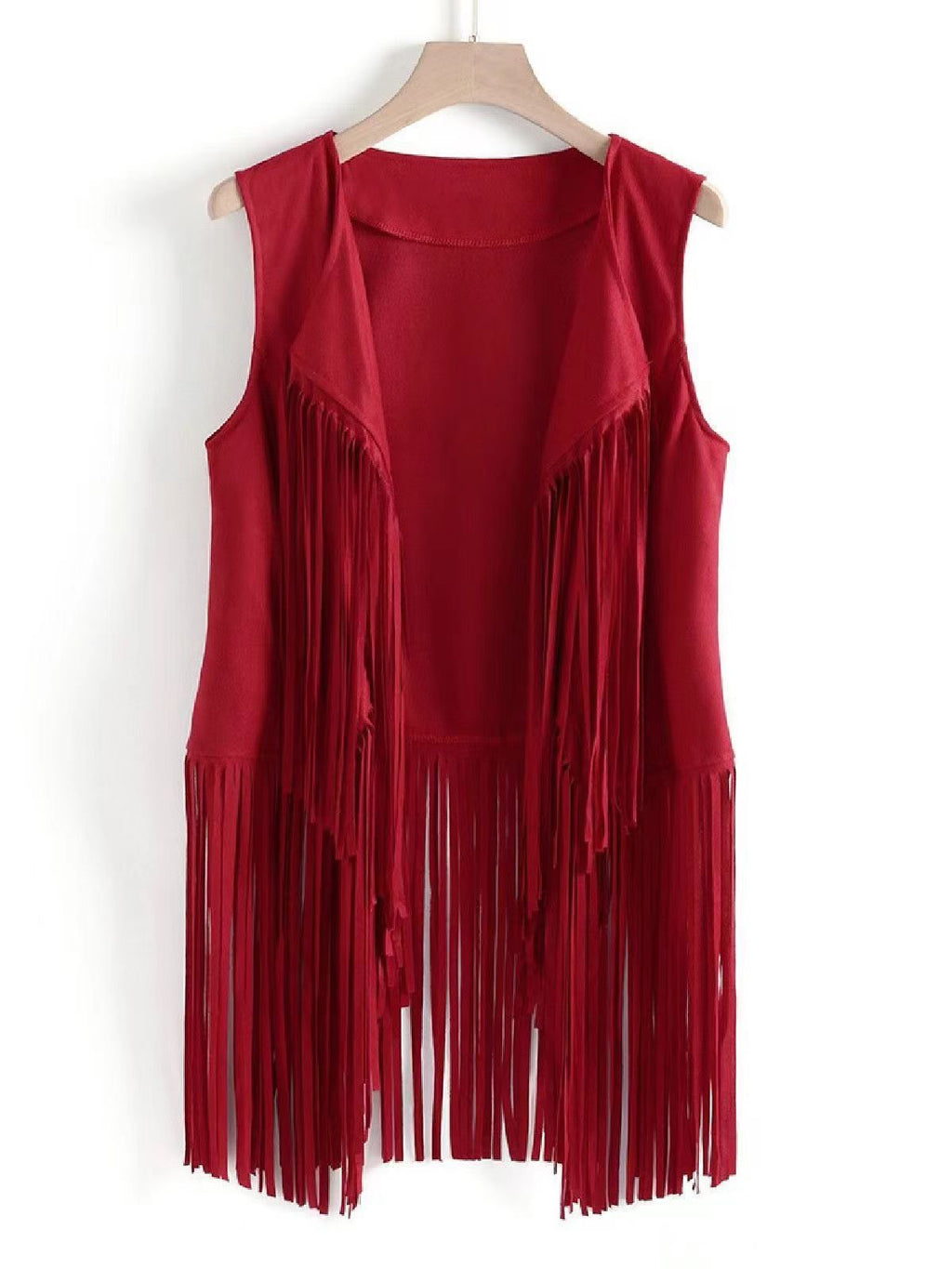 Western Fringe Suede Sleeveless Vest Jacket - Red