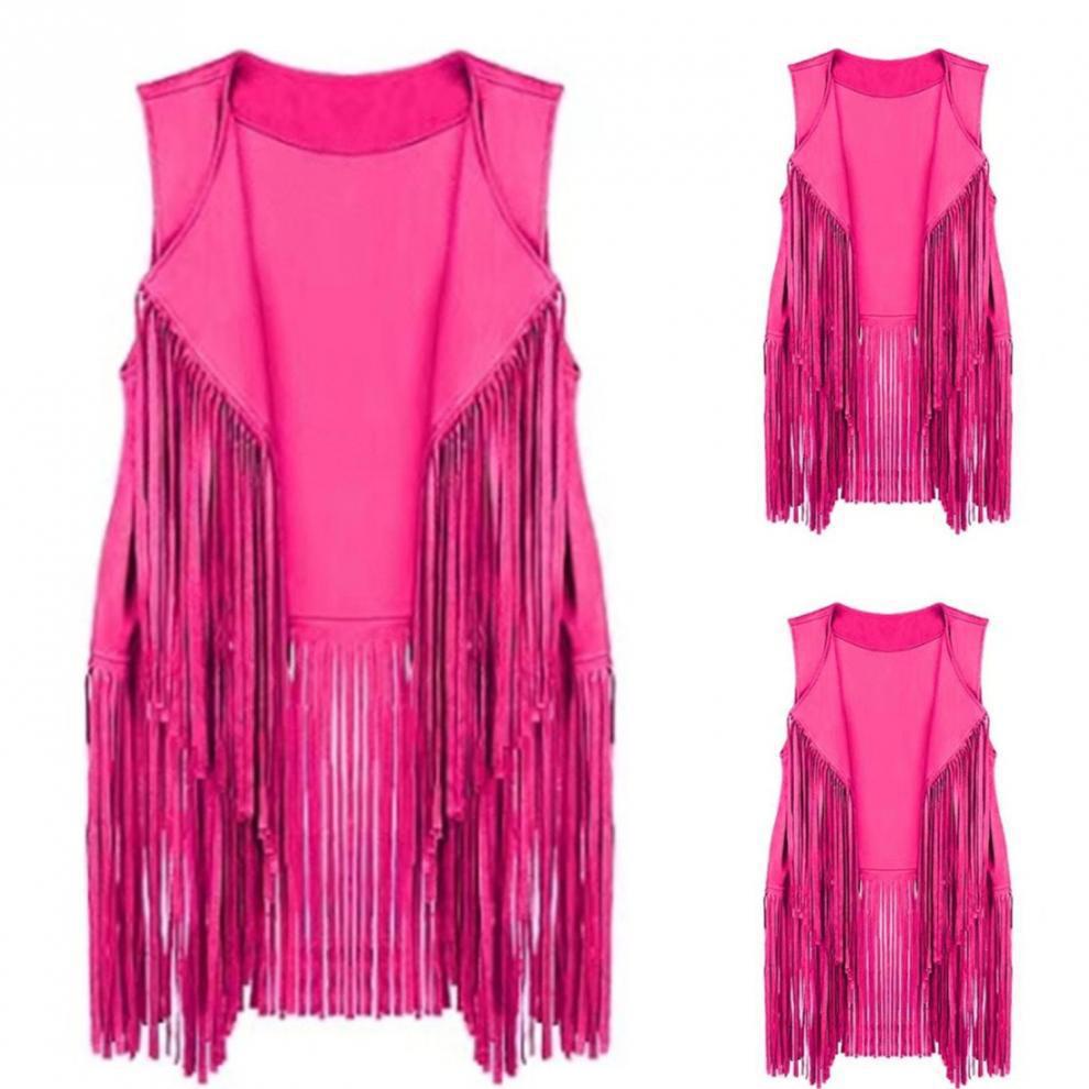 Western Fringe Suede Sleeveless Vest Jacket - Rose