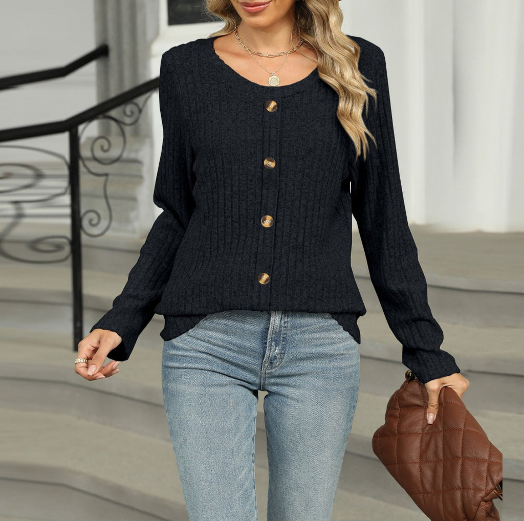 Ribbed Button Front Round Neck Top - Black