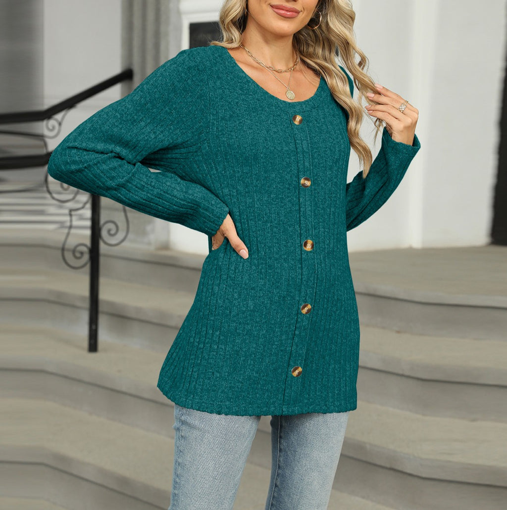 Ribbed Button Front Round Neck Top - Darkgreen