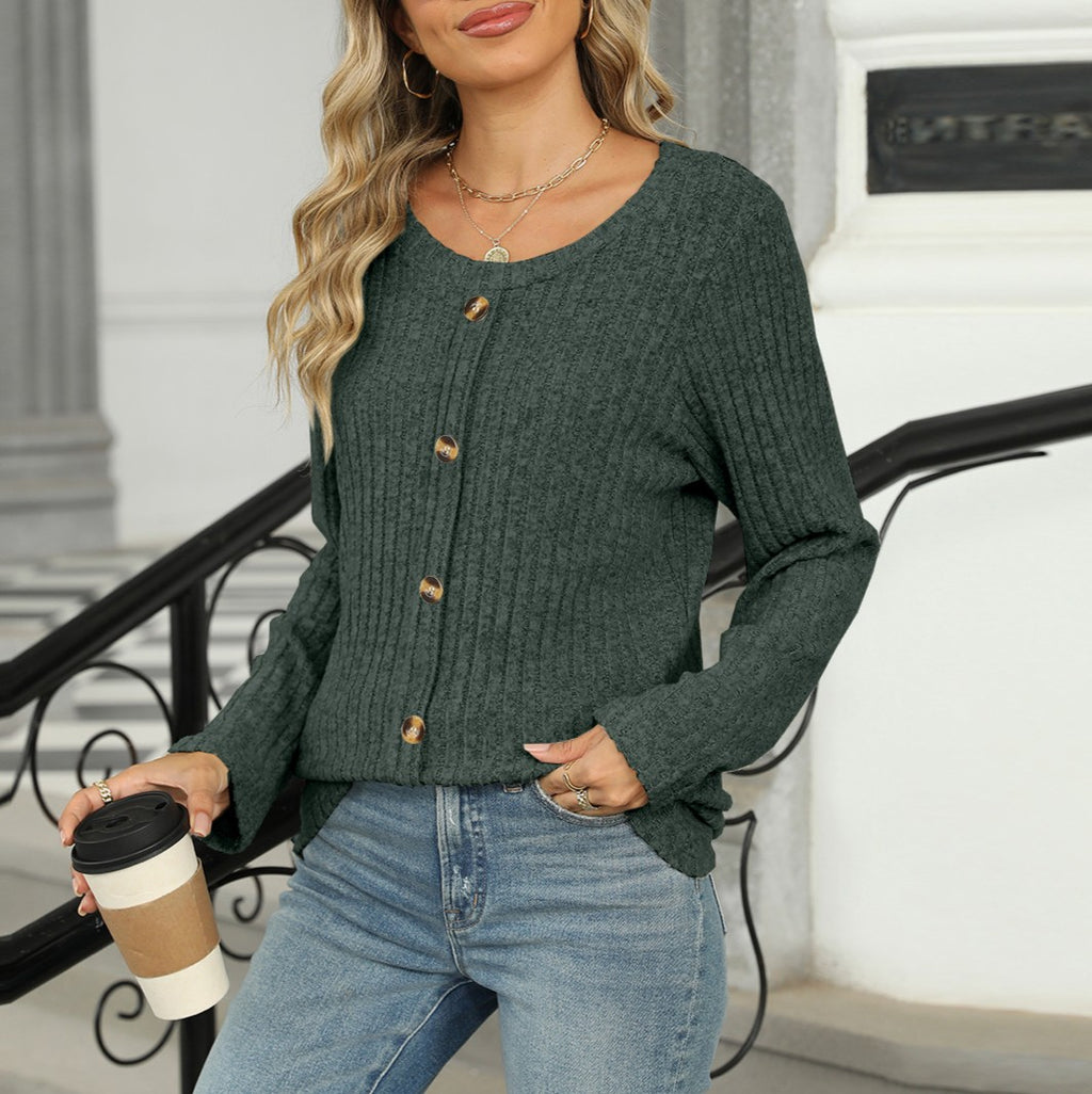 Ribbed Button Front Round Neck Top - Green