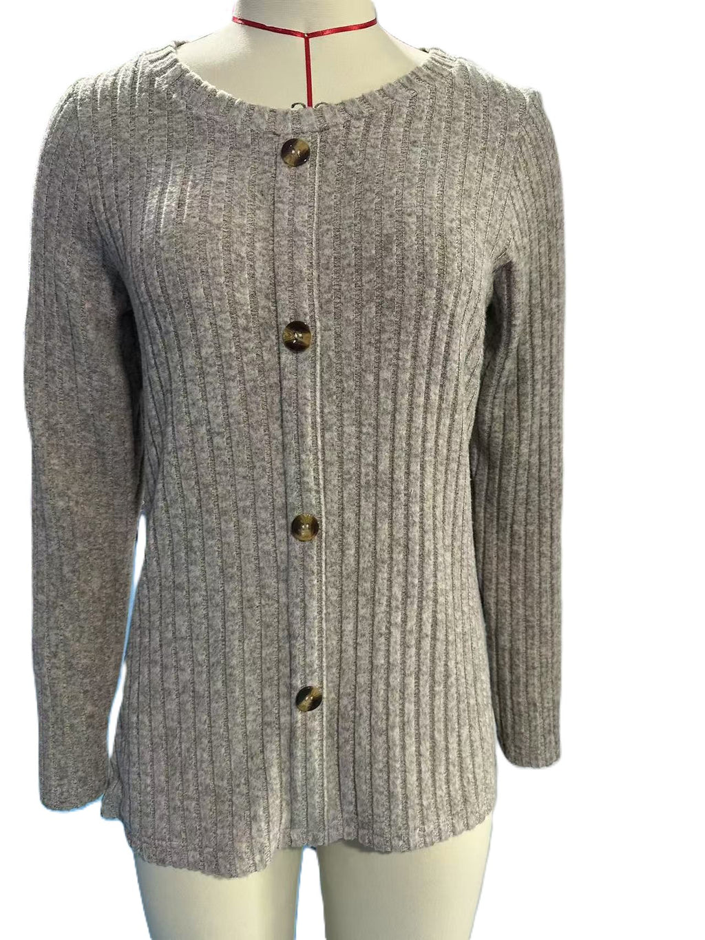 Ribbed Button Front Round Neck Top - Oatmeal