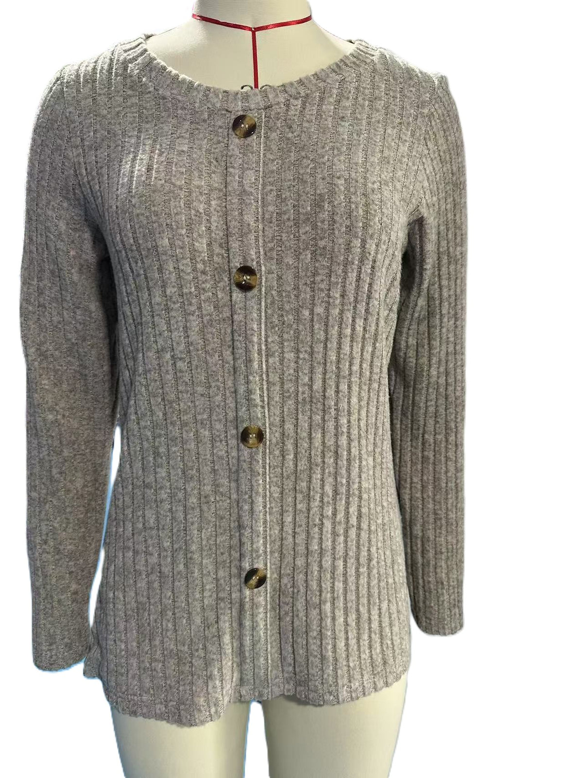 Ribbed Button Front Round Neck Top - Oatmeal