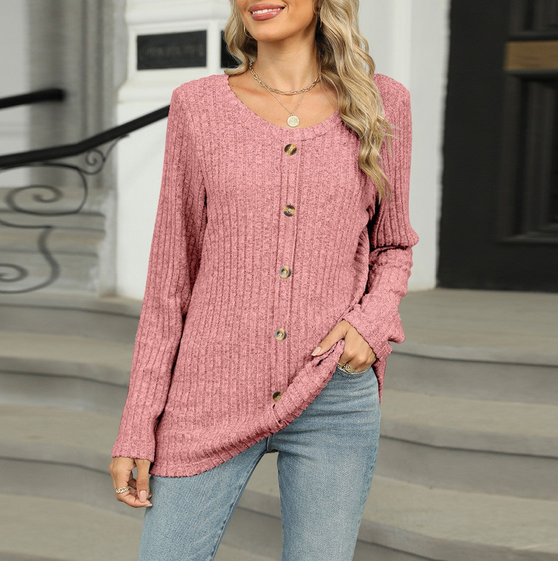 Ribbed Button Front Round Neck Top - Pink