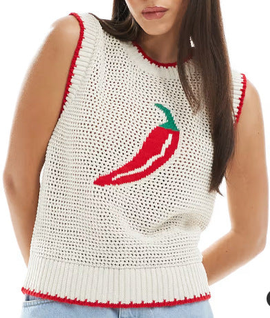 Crochet Chili Motif Sleeveless Tank Top - white - 1
