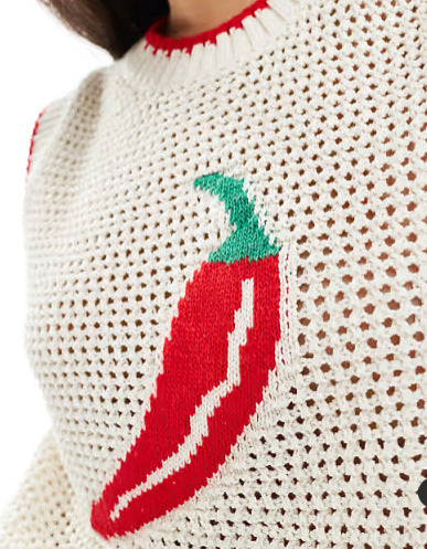 Crochet Chili Motif Sleeveless Tank Top - white - 3
