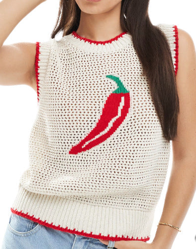 Crochet Chili Motif Sleeveless Tank Top - white - 6