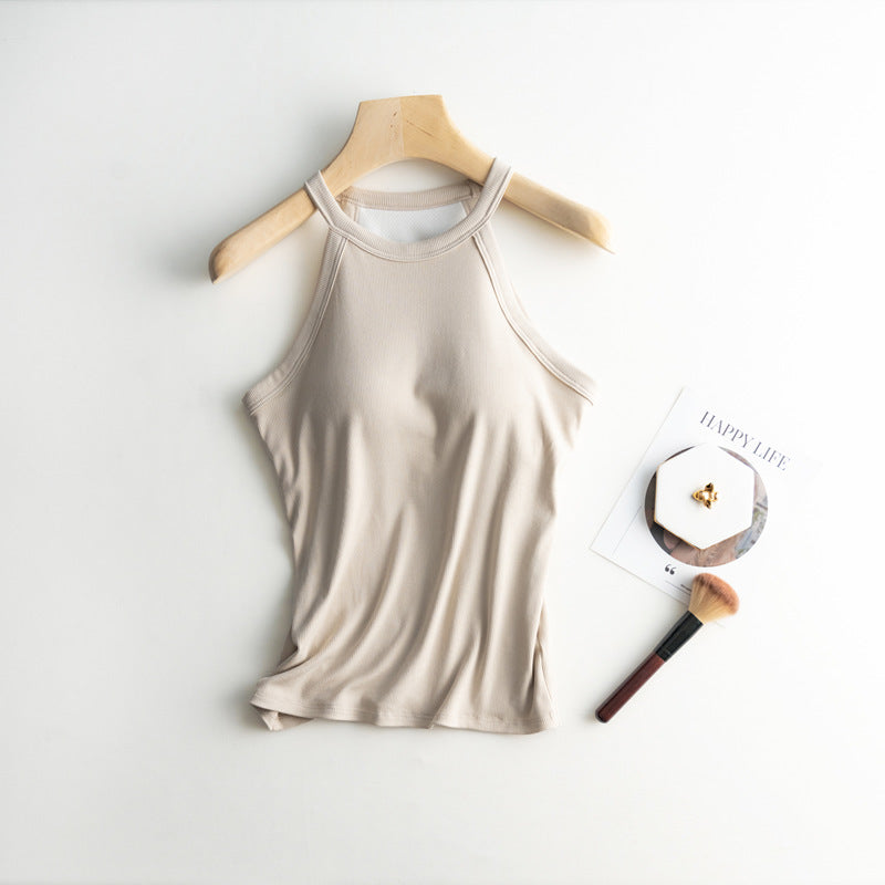 Halter Neck Ribbed Shelf Bra Tank - Beige