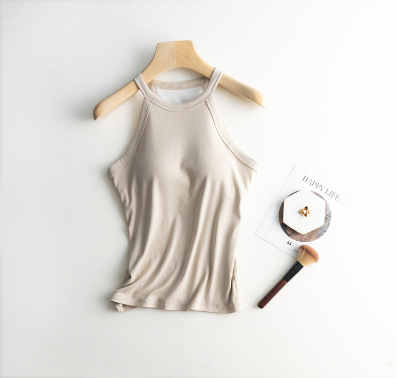Halter Neck Ribbed Shelf Bra Tank - Beige - 1