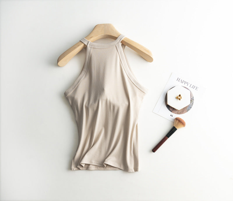 Halter Neck Ribbed Shelf Bra Tank - Beige - 2