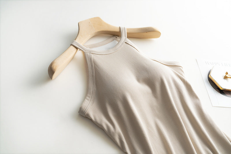 Halter Neck Ribbed Shelf Bra Tank - Beige - 3