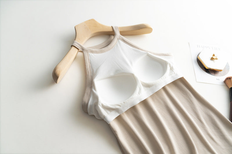 Halter Neck Ribbed Shelf Bra Tank - Beige - 4