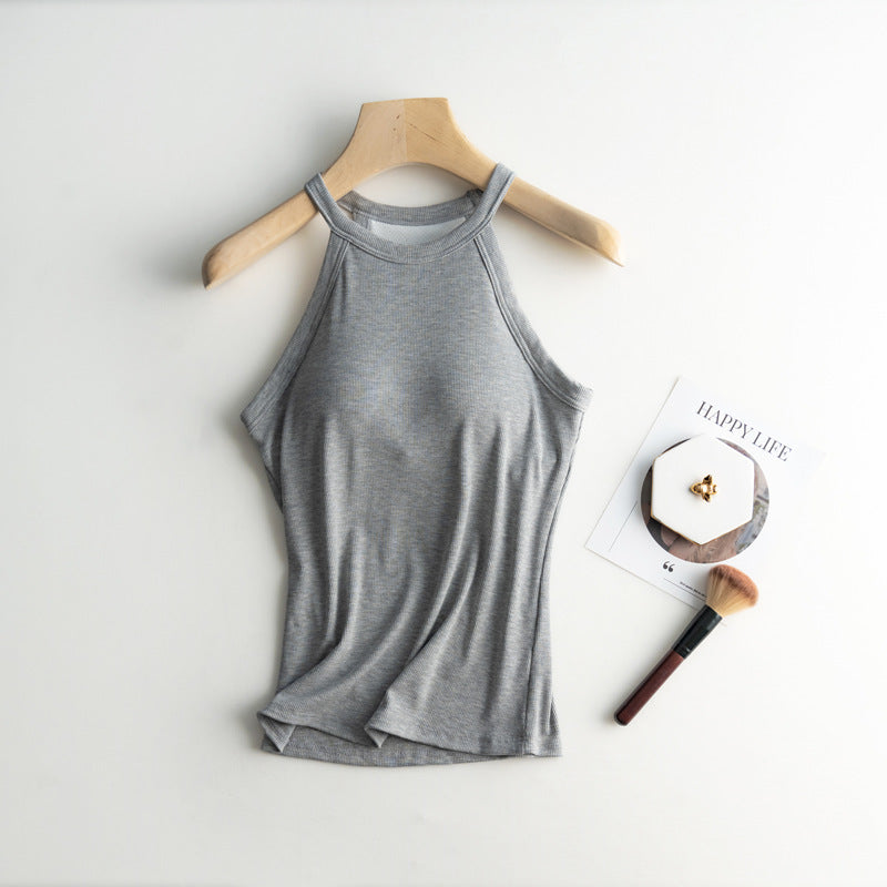 Halter Neck Ribbed Shelf Bra Tank - Grey