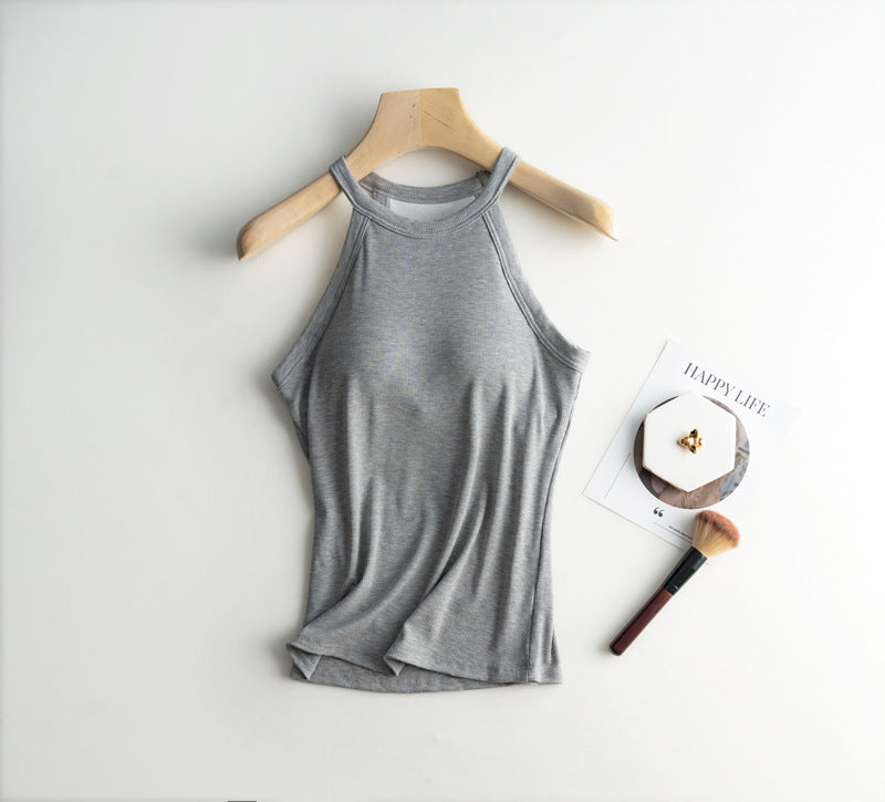Halter Neck Ribbed Shelf Bra Tank - Grey - 1