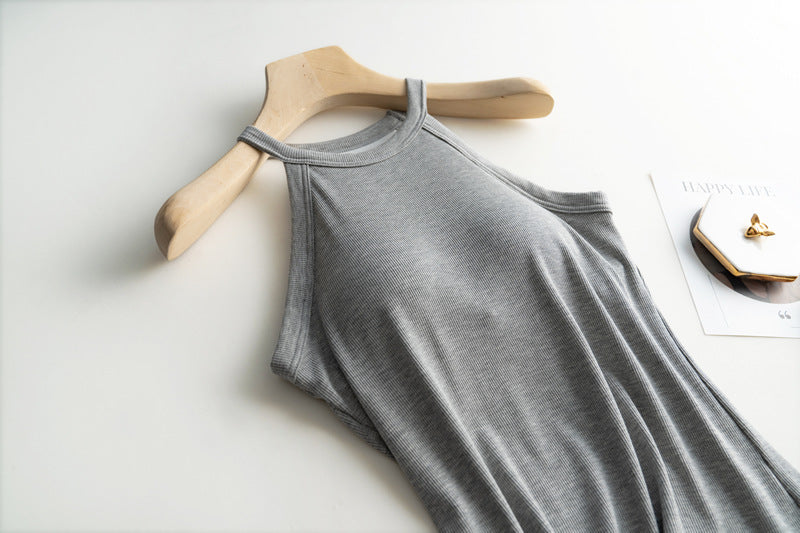 Halter Neck Ribbed Shelf Bra Tank - Grey - 2