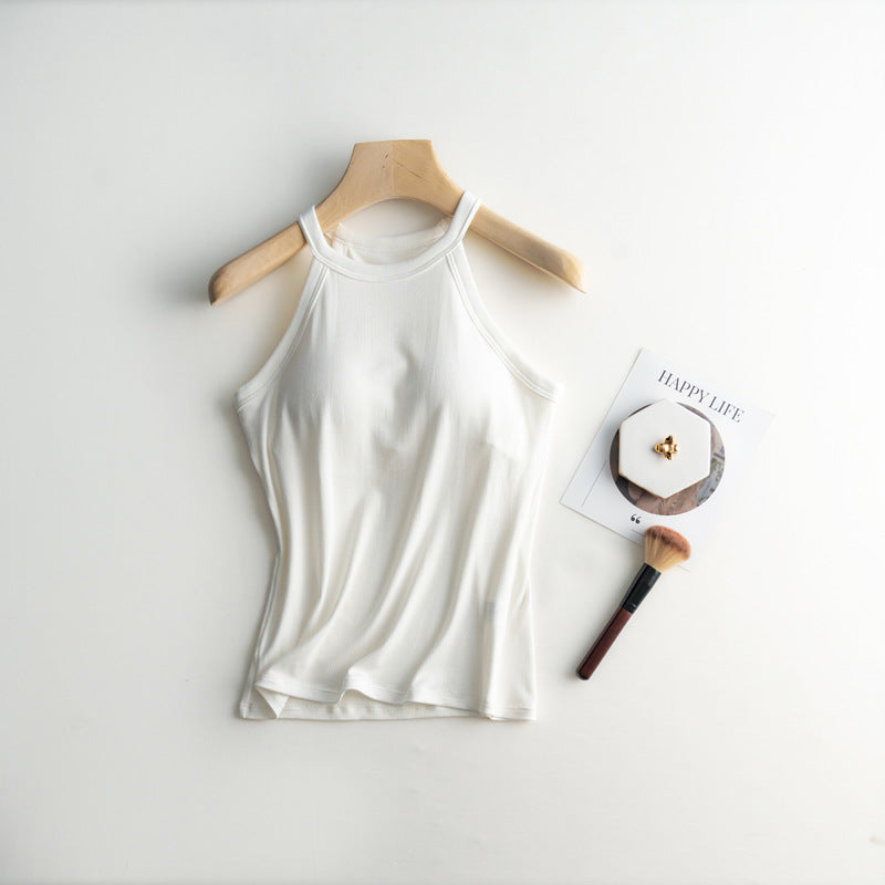 Halter Neck Ribbed Shelf Bra Tank - White