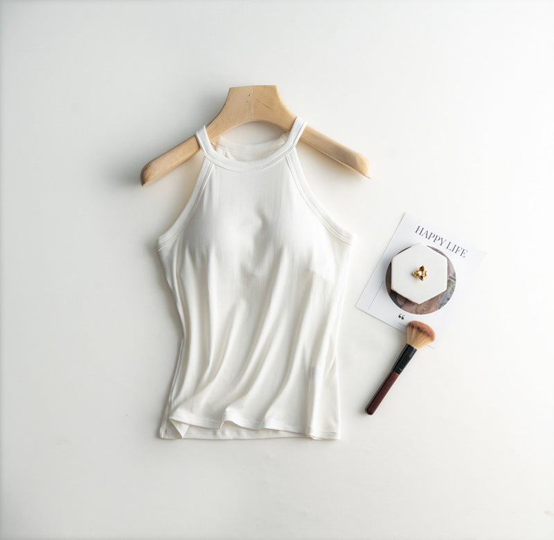Halter Neck Ribbed Shelf Bra Tank - White - 1