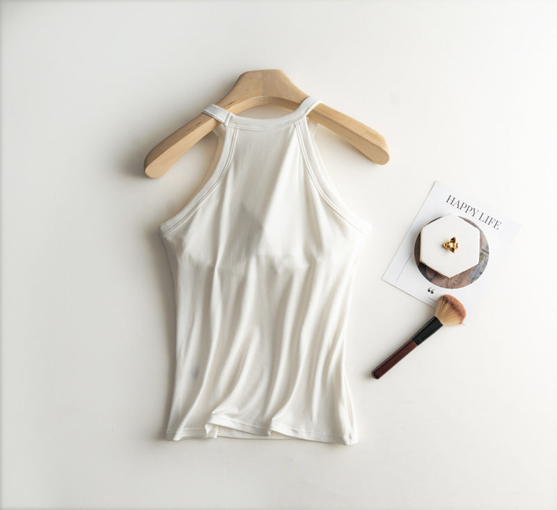 Halter Neck Ribbed Shelf Bra Tank - White - 2