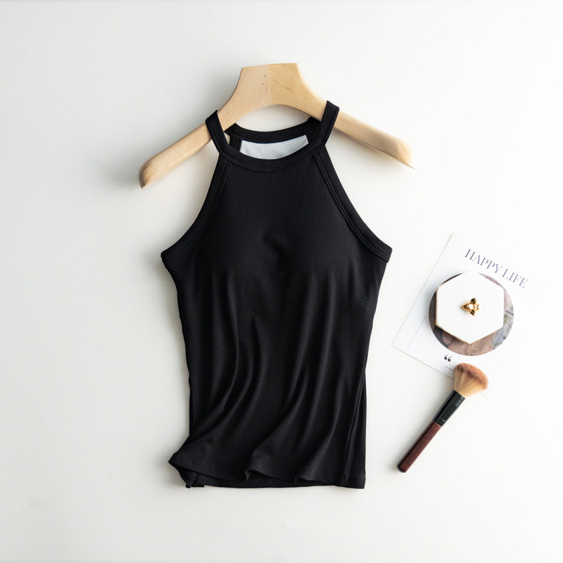 Halter Neck Ribbed Shelf Bra Tank - black