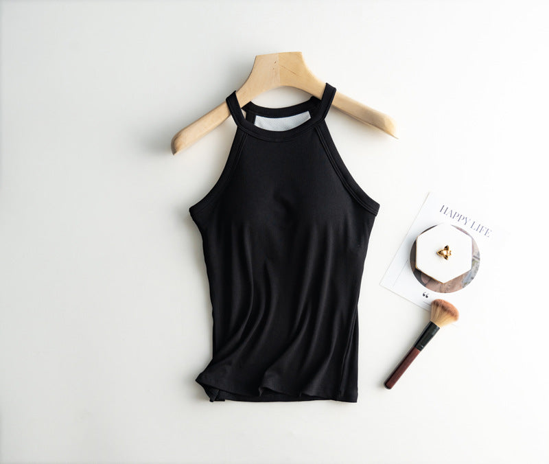 Halter Neck Ribbed Shelf Bra Tank - black - 1