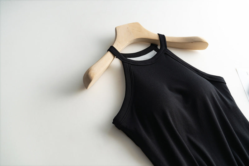 Halter Neck Ribbed Shelf Bra Tank - black - 2