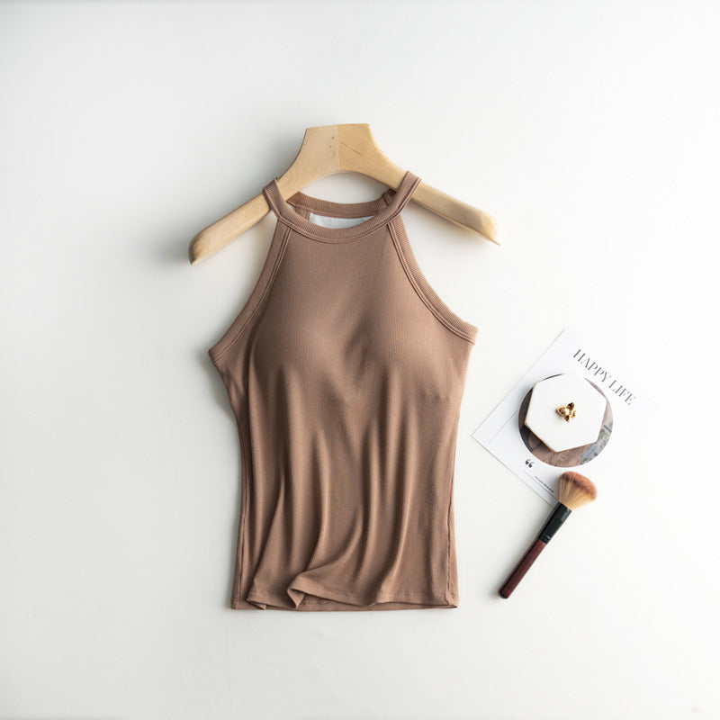 Halter Neck Ribbed Shelf Bra Tank - coca