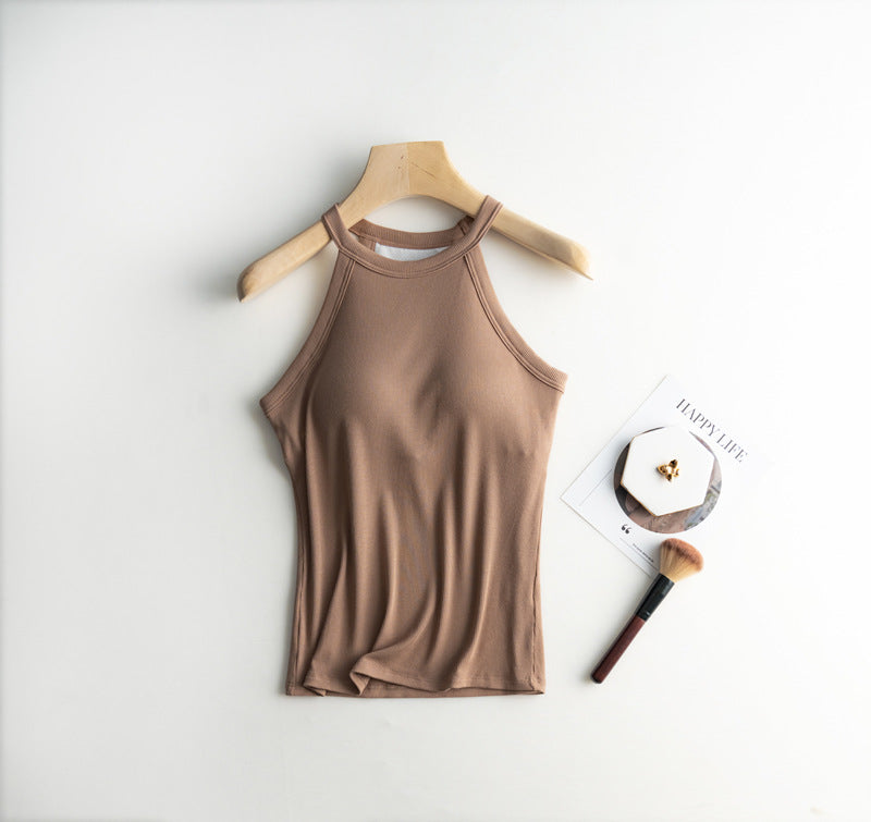 Halter Neck Ribbed Shelf Bra Tank - coca - 1