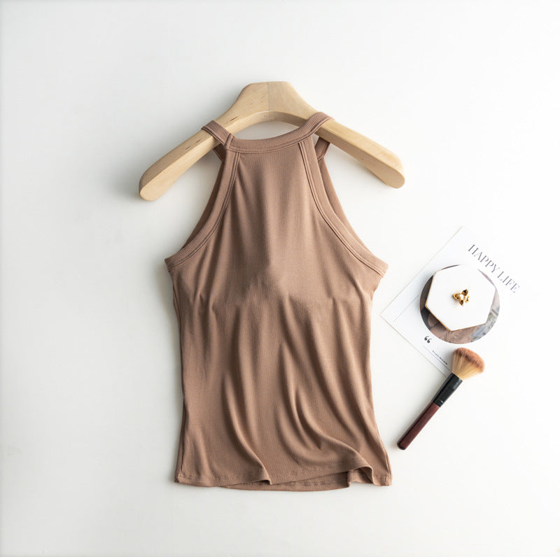 Halter Neck Ribbed Shelf Bra Tank - coca - 2